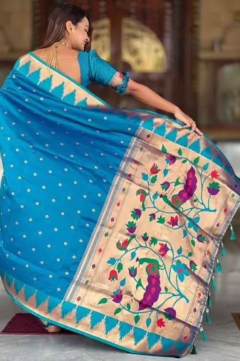Soft paithani silk saree with zari weawing motifs design and meenakari weawing rich pallu
