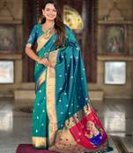 Soft paithani silk saree with zari weawing motifs design and meenakari weawing rich pallu