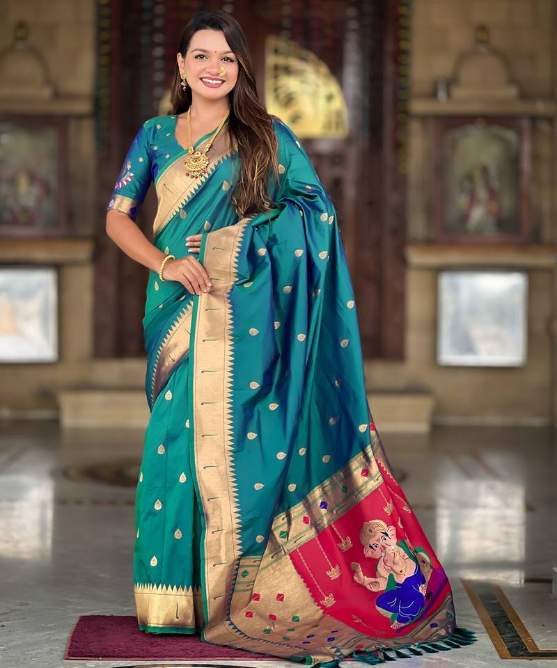 Soft paithani silk saree with zari weawing motifs design and meenakari weawing rich pallu