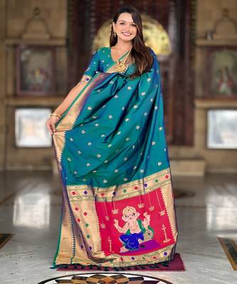 Soft paithani silk saree with zari weawing motifs design and meenakari weawing rich pallu 2