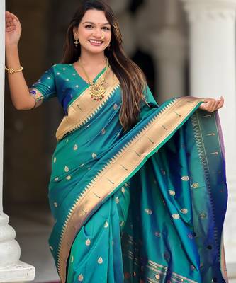 Soft paithani silk saree with zari weawing motifs design and meenakari weawing rich pallu 3