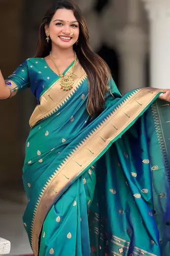 Soft paithani silk saree with zari weawing motifs design and meenakari weawing rich pallu