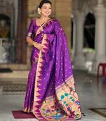 Soft paithani silk saree with zari weawing motifs design and meenakari weawing rich pallu