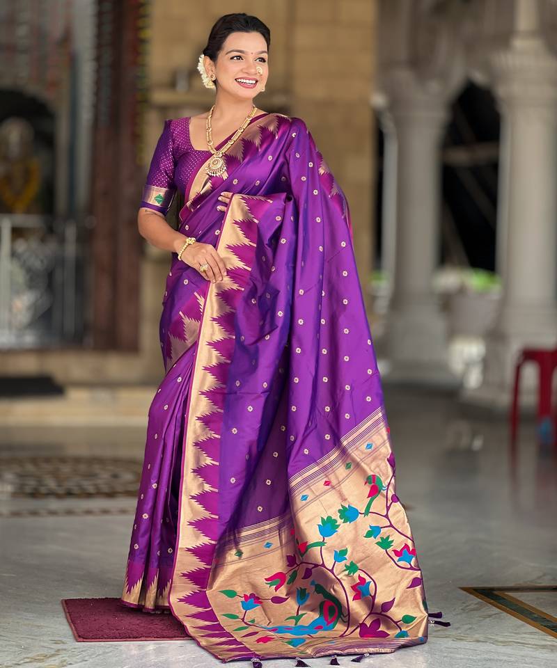 Soft paithani silk saree with zari weawing motifs design and meenakari weawing rich pallu