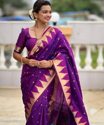 Soft paithani silk saree with zari weawing motifs design and meenakari weawing rich pallu 4