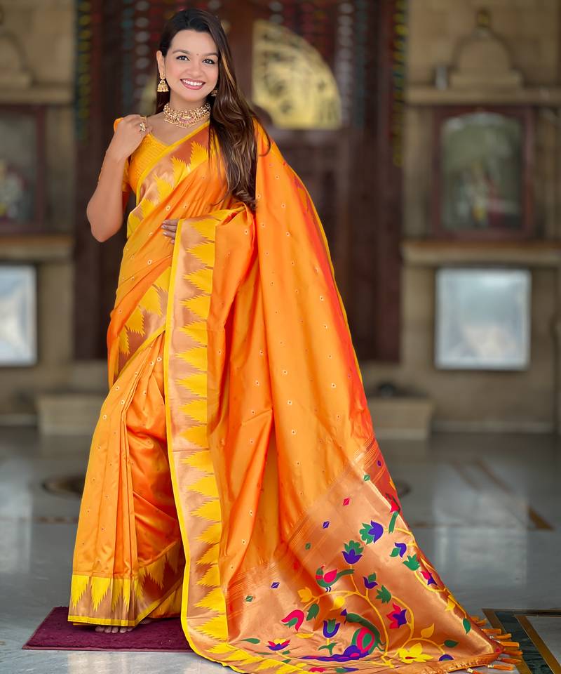 Soft paithani silk saree with zari weawing motifs design and meenakari weawing rich pallu