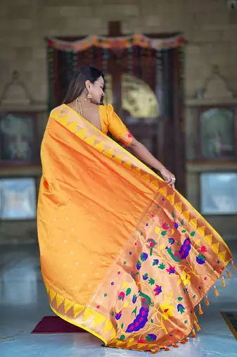 Soft paithani silk saree with zari weawing motifs design and meenakari weawing rich pallu