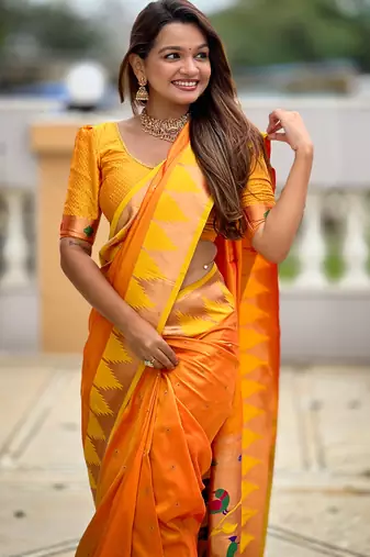 Soft paithani silk saree with zari weawing motifs design and meenakari weawing rich pallu