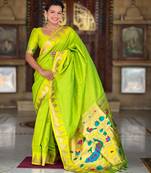 Soft paithani silk saree with zari weawing motifs design and meenakari weawing rich pallu