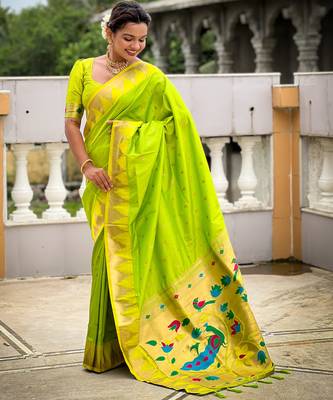 Soft paithani silk saree with zari weawing motifs design and meenakari weawing rich pallu 3