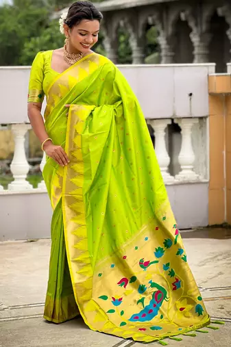 Soft paithani silk saree with zari weawing motifs design and meenakari weawing rich pallu