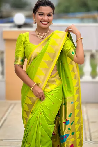 Soft paithani silk saree with zari weawing motifs design and meenakari weawing rich pallu