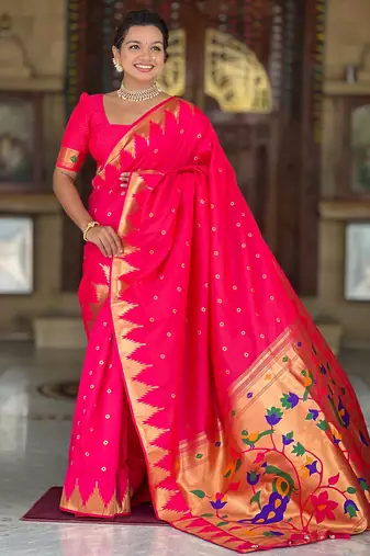 Soft paithani silk saree with zari weawing motifs design and meenakari weawing rich pallu