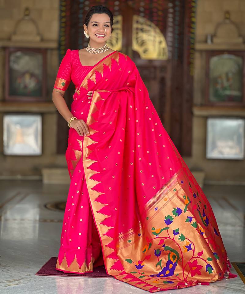 Soft paithani silk saree with zari weawing motifs design and meenakari weawing rich pallu