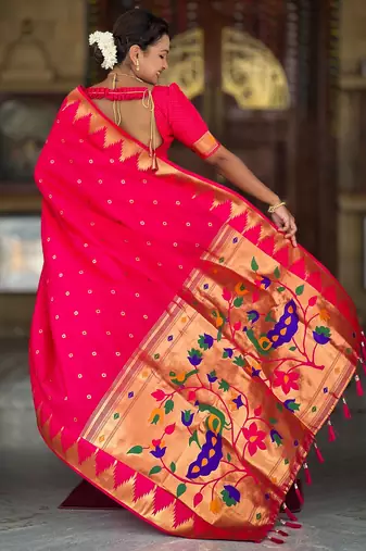 Soft paithani silk saree with zari weawing motifs design and meenakari weawing rich pallu