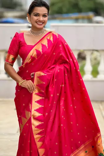 Soft paithani silk saree with zari weawing motifs design and meenakari weawing rich pallu