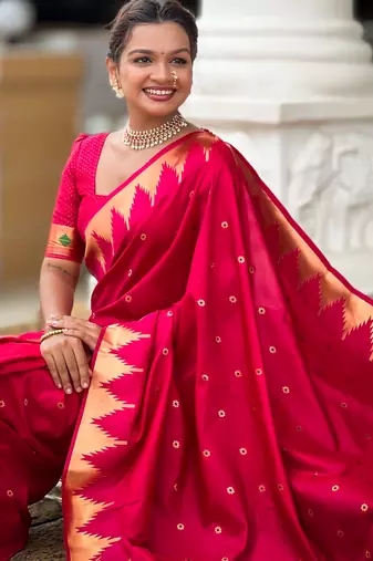 Soft paithani silk saree with zari weawing motifs design and meenakari weawing rich pallu