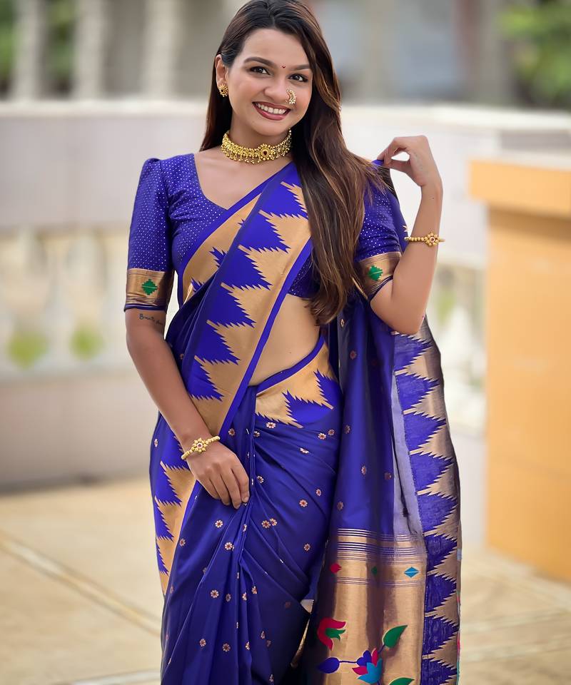 Soft paithani silk saree with zari weawing motifs design and meenakari weawing rich pallu