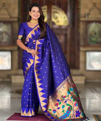 Soft paithani silk saree with zari weawing motifs design and meenakari weawing rich pallu 2