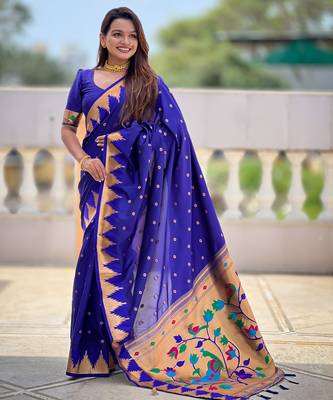 Soft paithani silk saree with zari weawing motifs design and meenakari weawing rich pallu 3