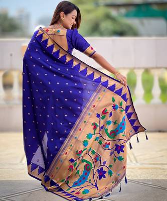 Soft paithani silk saree with zari weawing motifs design and meenakari weawing rich pallu 4