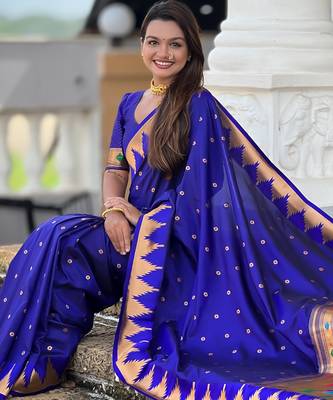 Soft paithani silk saree with zari weawing motifs design and meenakari weawing rich pallu 5