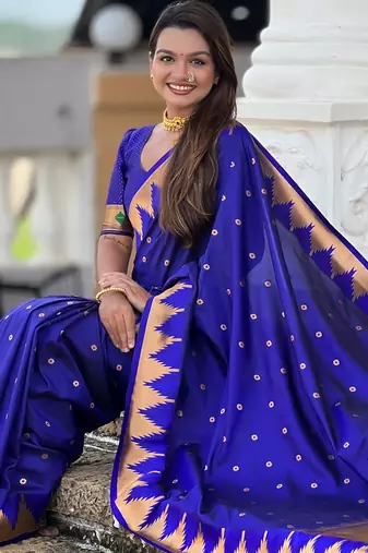Soft paithani silk saree with zari weawing motifs design and meenakari weawing rich pallu
