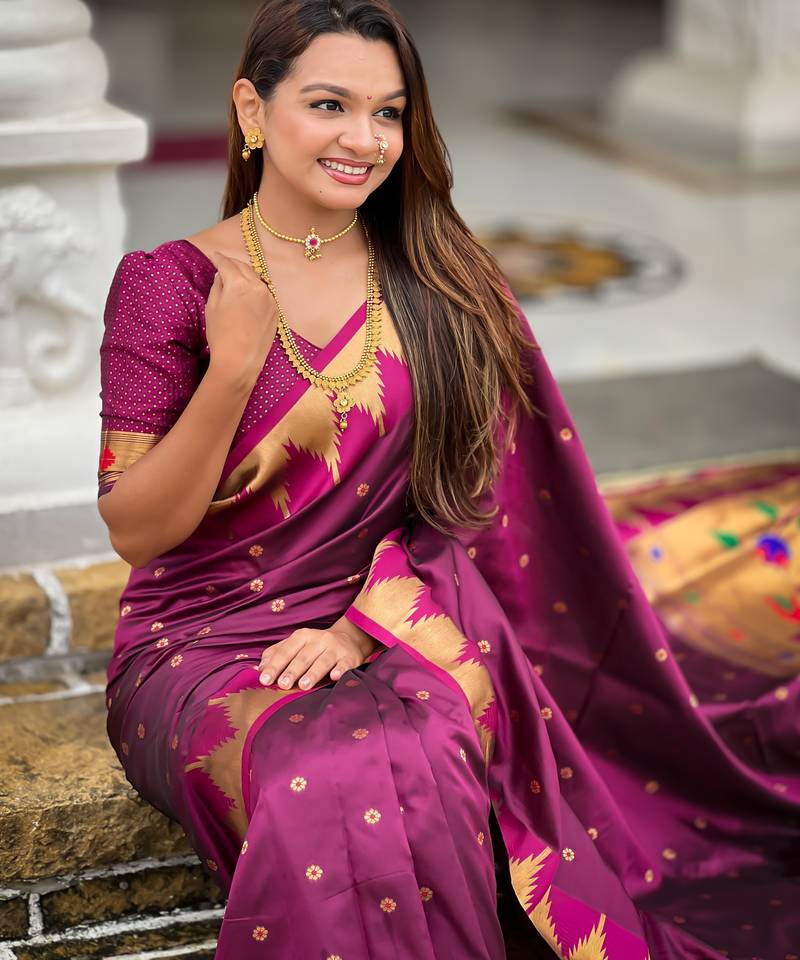 Soft paithani silk saree with zari weawing motifs design and meenakari weawing rich pallu