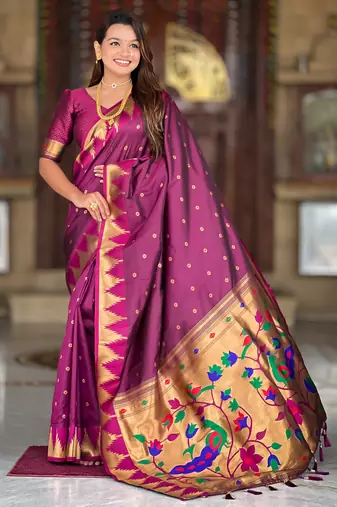 Soft paithani silk saree with zari weawing motifs design and meenakari weawing rich pallu