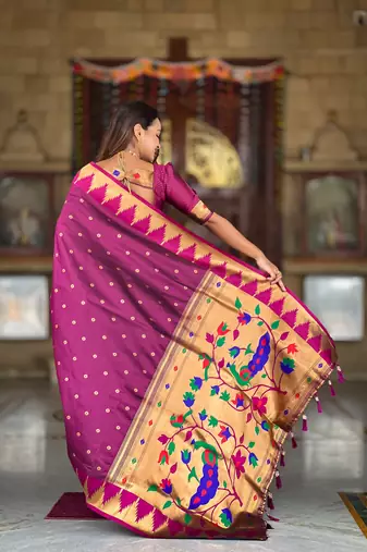 Soft paithani silk saree with zari weawing motifs design and meenakari weawing rich pallu