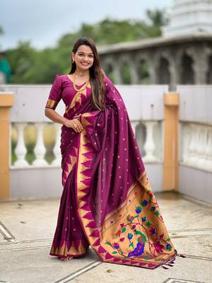 Soft paithani silk saree with zari weawing motifs design and meenakari weawing rich pallu 4
