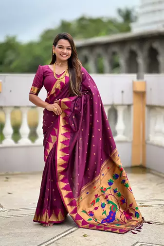 Soft paithani silk saree with zari weawing motifs design and meenakari weawing rich pallu