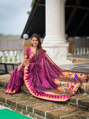 Soft paithani silk saree with zari weawing motifs design and meenakari weawing rich pallu 5