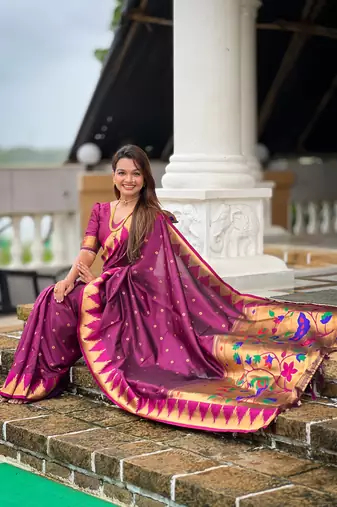 Soft paithani silk saree with zari weawing motifs design and meenakari weawing rich pallu