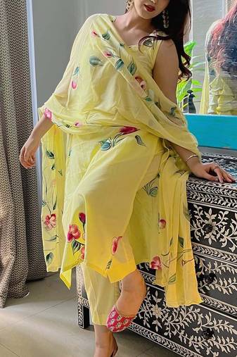 Yellow color french crepe sttiched kurta set