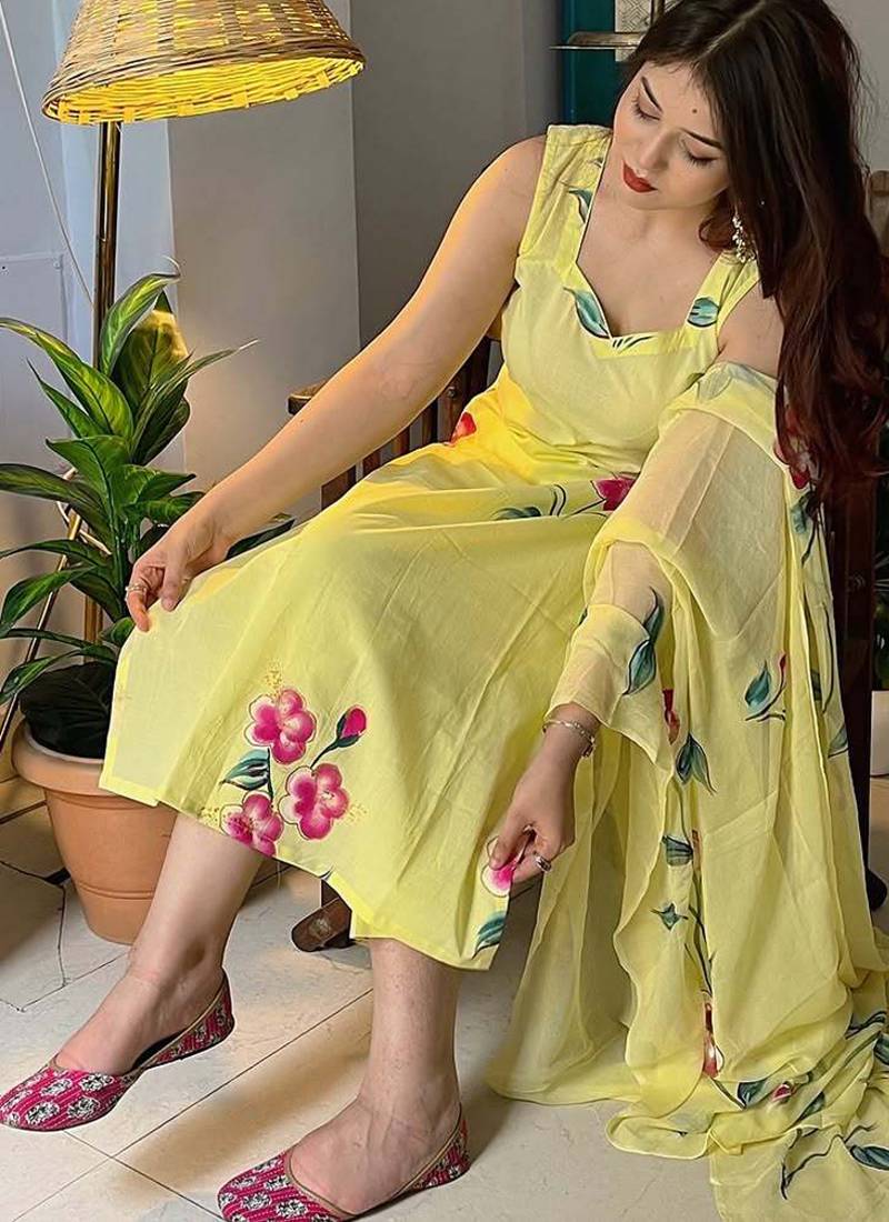 Yellow color french crepe sttiched kurta set