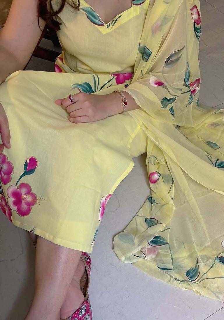 Yellow color french crepe sttiched kurta set