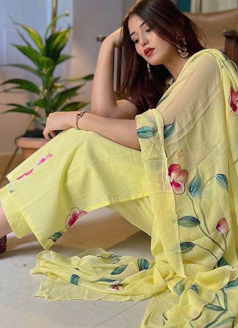 Yellow color french crepe sttiched kurta set