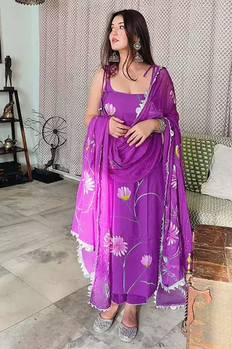 Purple color french crepe sttiched kurta set