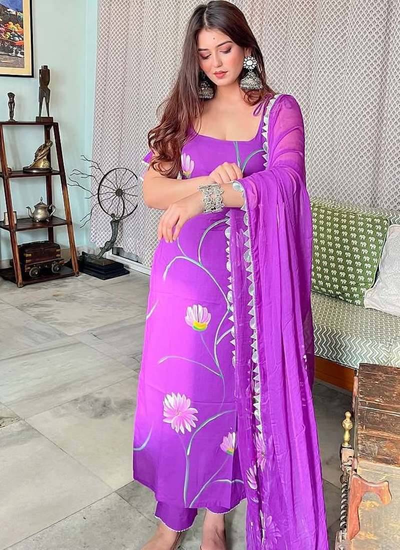 Purple color french crepe sttiched kurta set