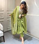 Parrot green color printed cotton anarkali suit