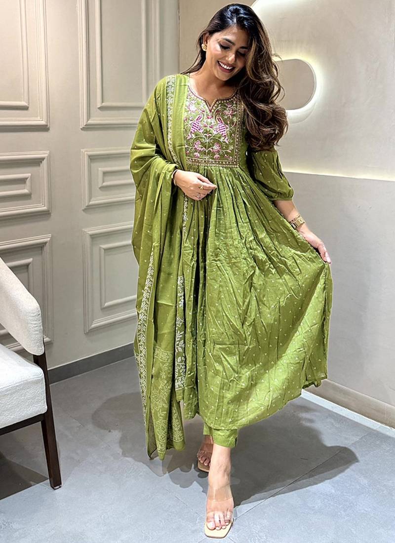 Parrot green color printed cotton anarkali suit