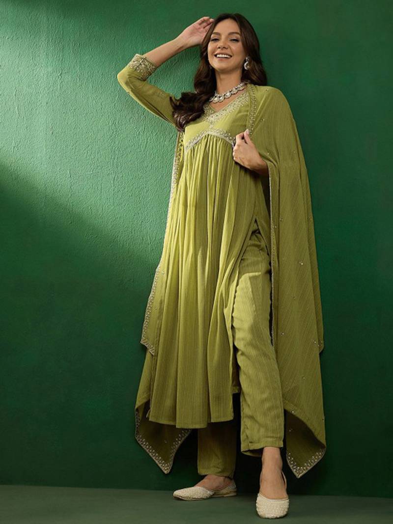 Olive green color georgette anarkali suit