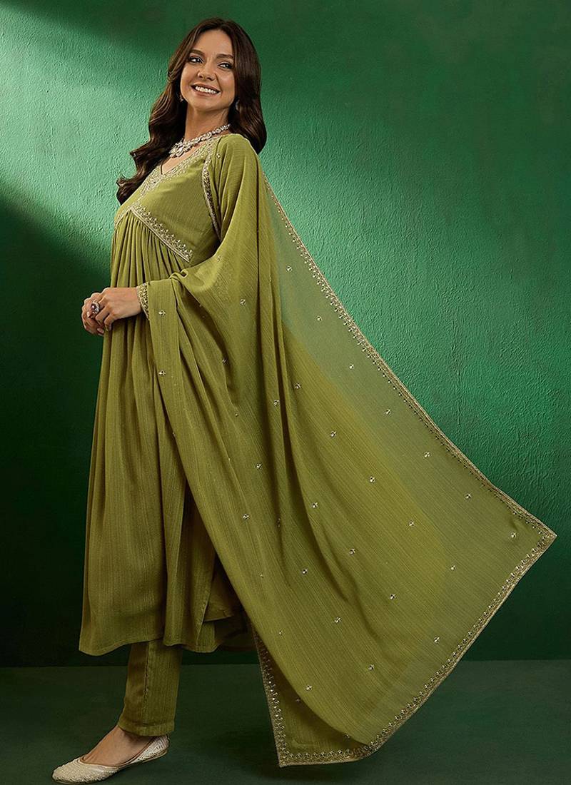 Olive green color georgette anarkali suit