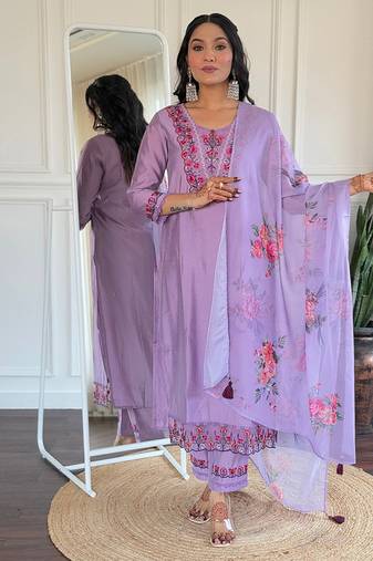Lavender color viscose embroidered kurta set