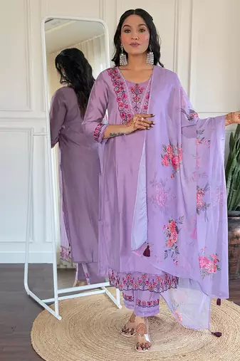 Lavender color viscose embroidered kurta set