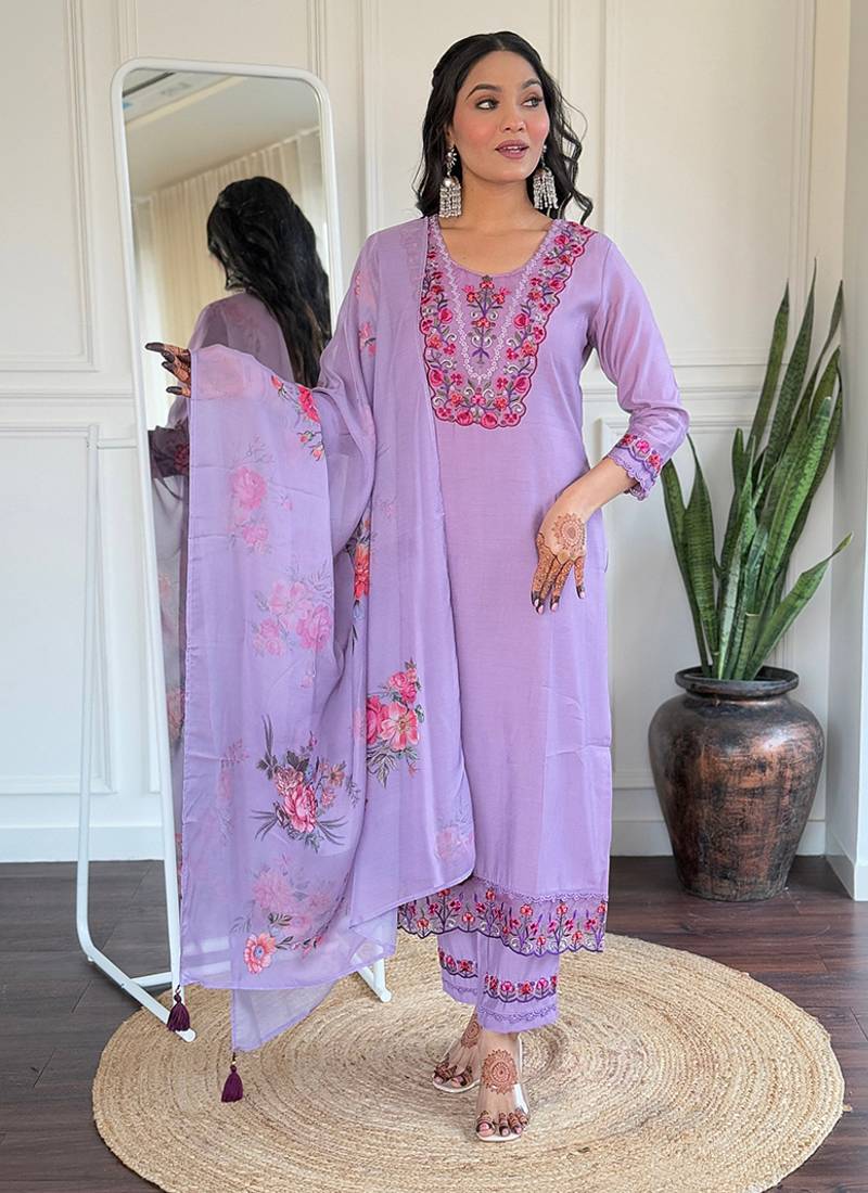 Lavender color viscose embroidered kurta set