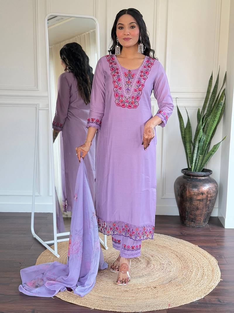 Lavender color viscose embroidered kurta set