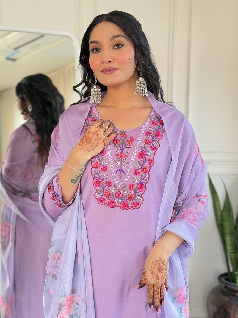 Lavender color viscose embroidered kurta set