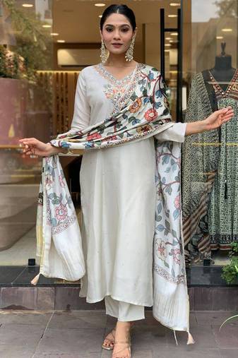 Off white color viscose chanderi sttiched straight suit